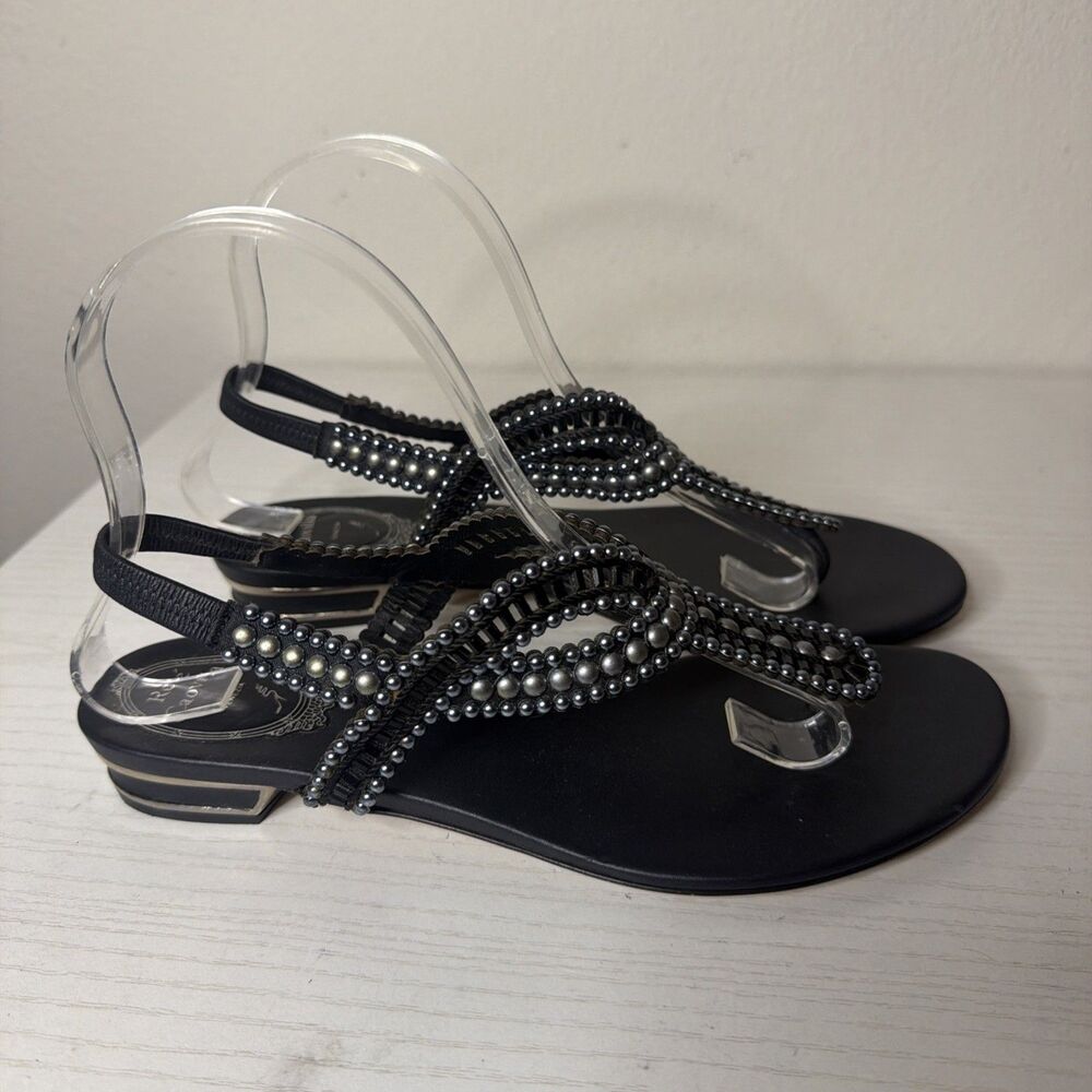 Rene Caovilla Black Jeweled Thong Sandals Beaded Strass Flat Slingback Italy 38